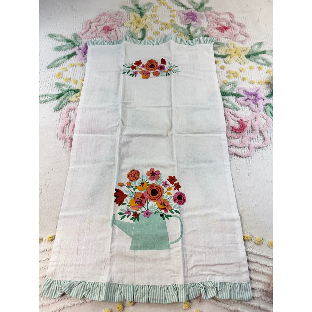 Twos Company Floral Tea Towels Set of 2 Cotton Ruffle Watering Can Pot White - Picture 8 of 9